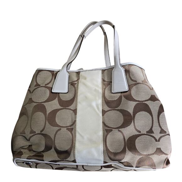 Coach F13533 Signature Leather Stripe Tote Carryall Logo Canvas Purse Handbag LN - Picture 1 of 11